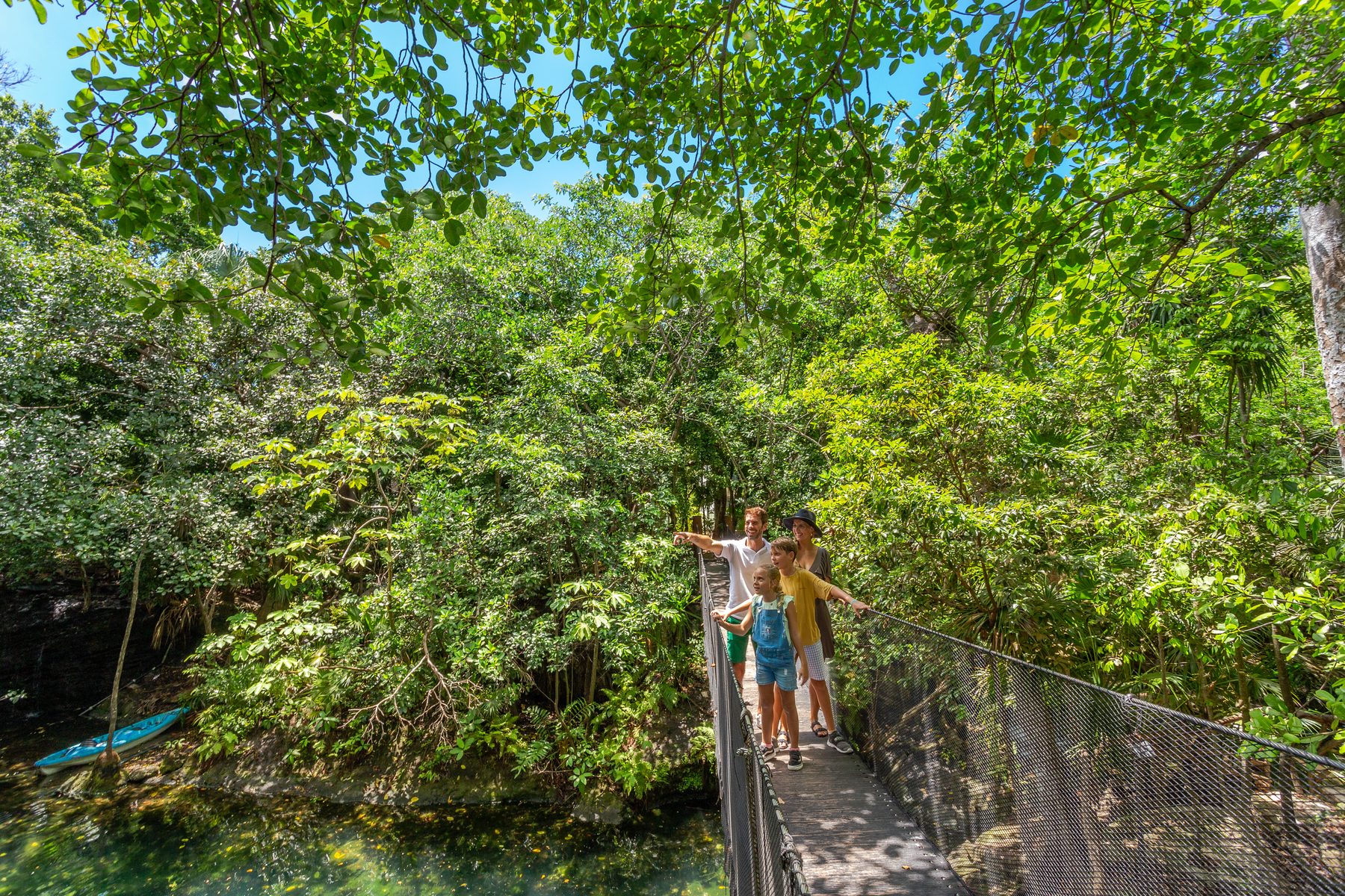 Family on the jungle suspension bridge