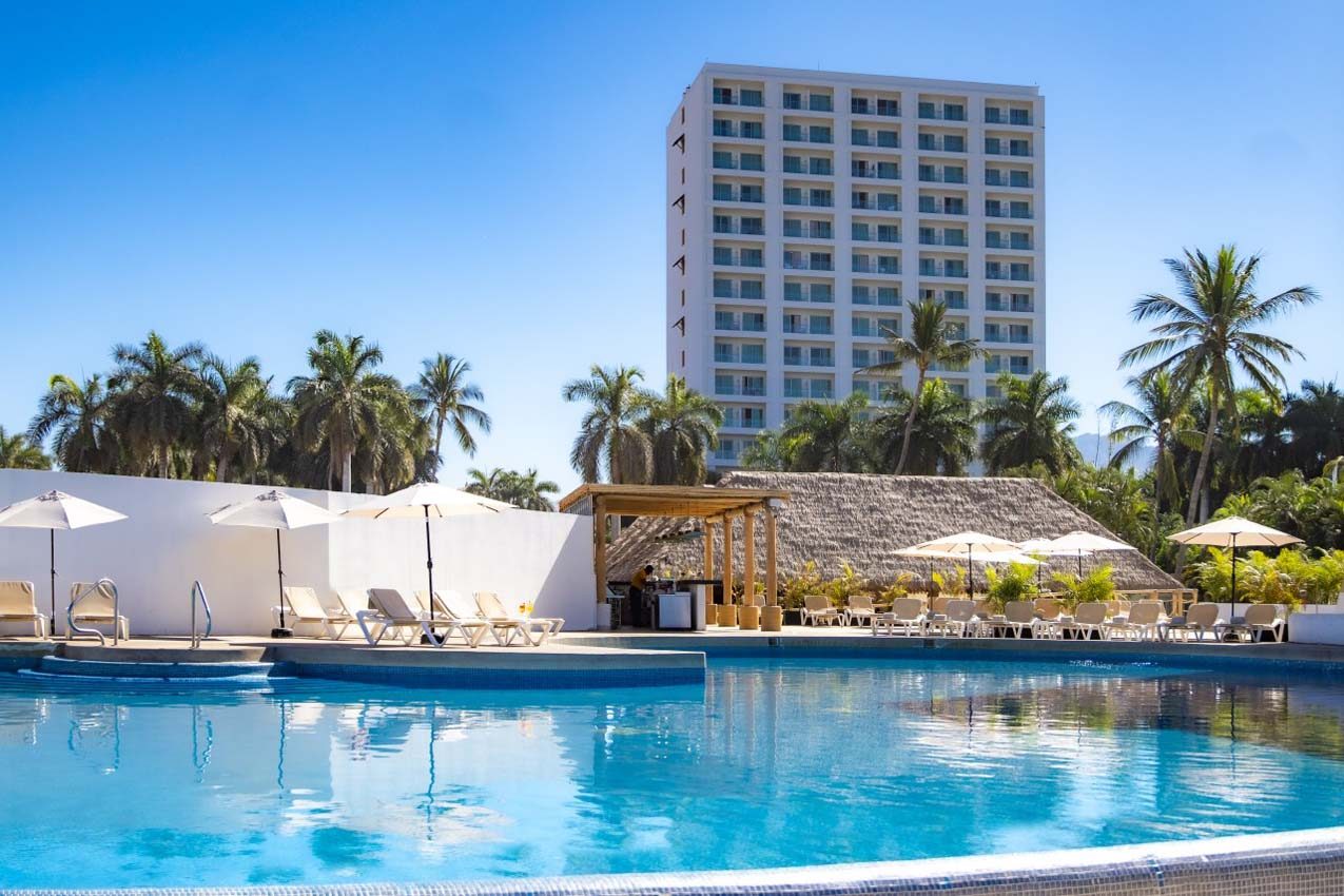 Main resort pool with bay view